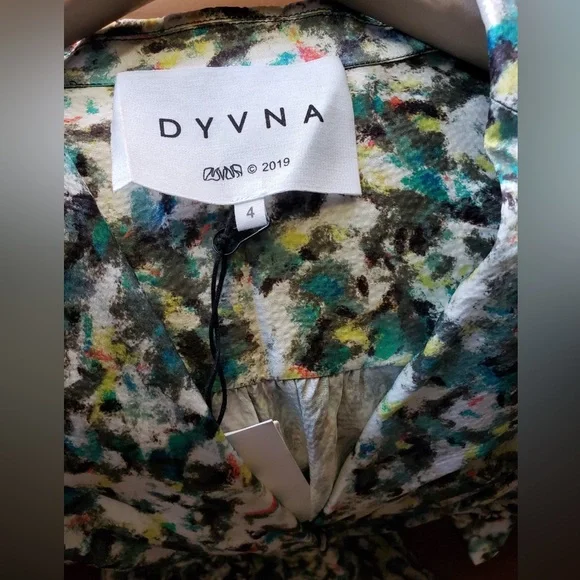 NWT DYVNA belted printed chiffon trimmed hammered silk satin midi length dress
